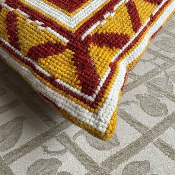 Red Gold Geometric Wool Needlepoint Boho Accent Pillow 14 inches Square Handmade - Picture 5 of 11